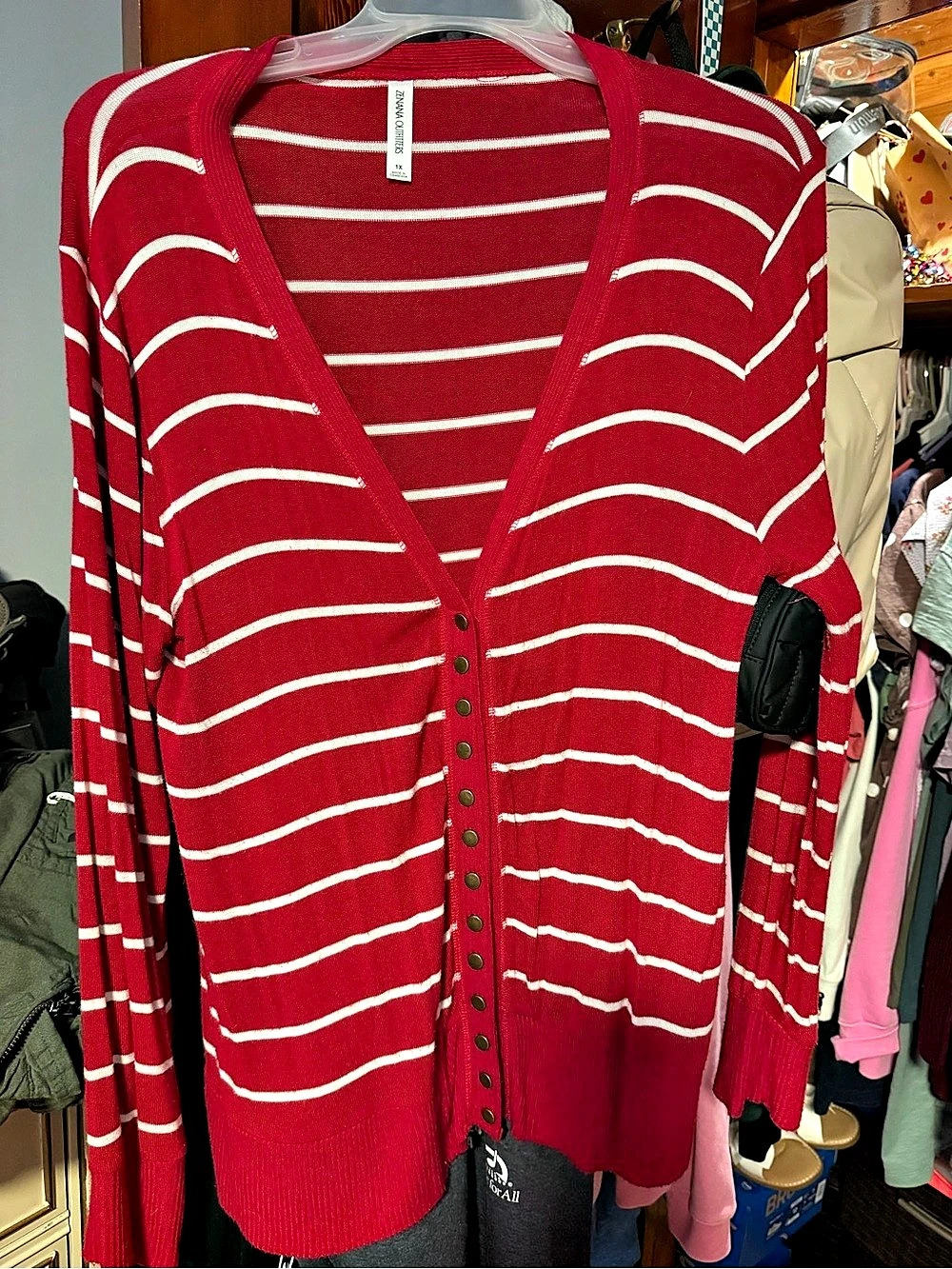 Zenana Outfitters Striped Red and White Button-Down Cardigan Striped Cardigan